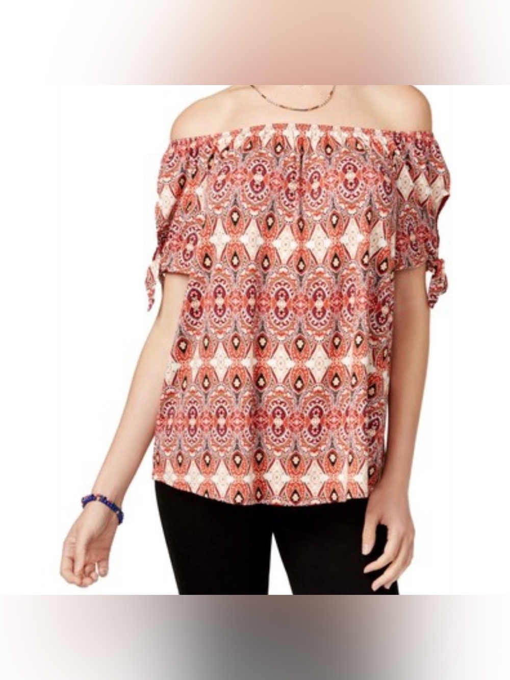Pink Republic Off the Shoulder Baby Doll Pink Tile, Boho Patterned Women’s XS